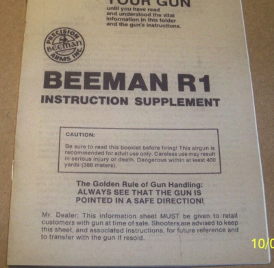 Beeman R1 Air Rifle Information Supplement Operator's Manual TB8248 1989