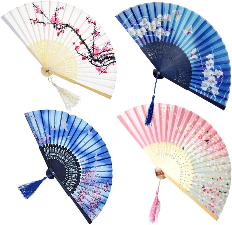 4 PCS Handheld Folding Fans Bamboo Silk Fabric Cloth Folding Fans Chinese Japane