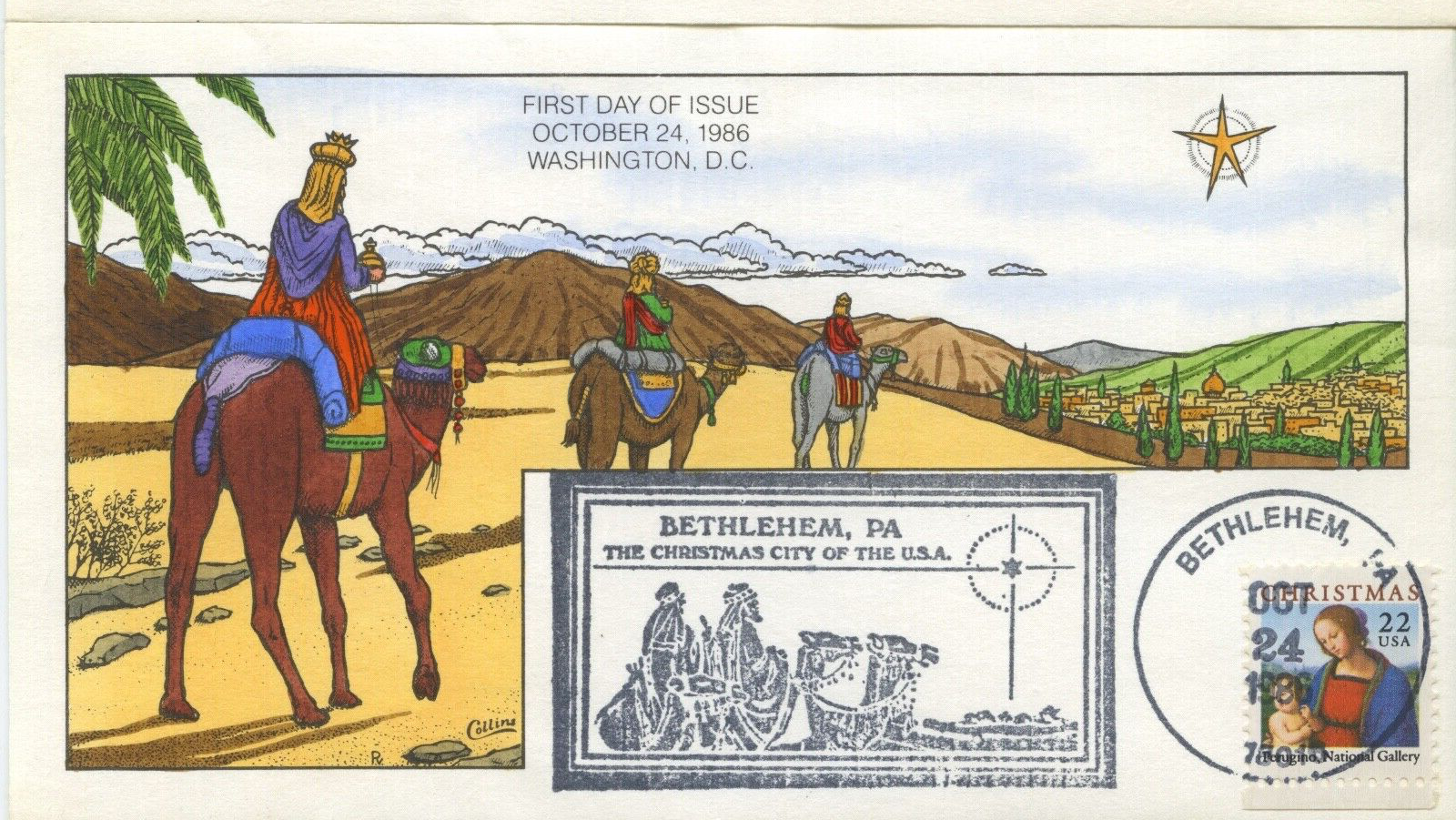 #2244 Christmas 1986  FDC  COLLINS hand-painted cachet. Perfect!!!
