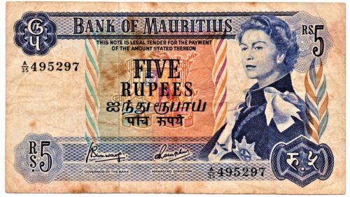  Mauritius 5 Rupees Banknote 1967 As Pictured Queen Elizabeth II