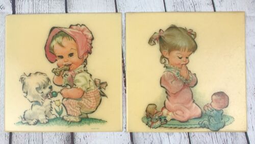 Vintage Set of 2 Baby Girl Square Wall Plaque for Nursery by Pete Hawley-Croftin