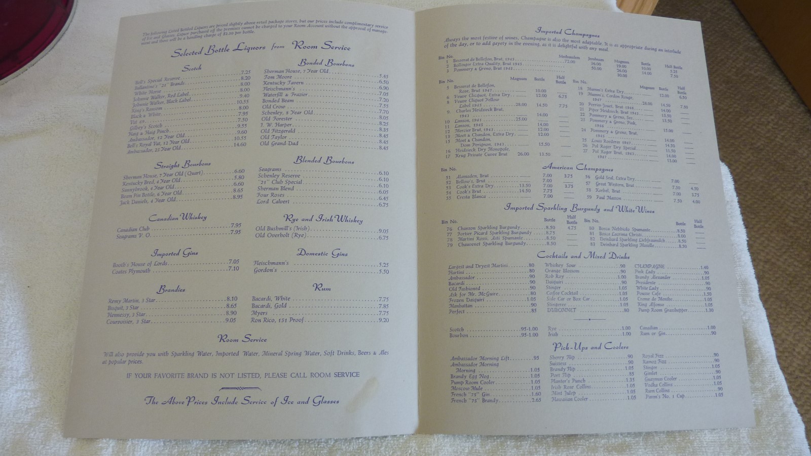 Vintage Ambassador Chicago Hotel Room Service Dinner & Supper Menu & Liquor Menu