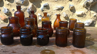 VINTAGE ORIGINAL (15 SMALL BROWN GLASS) BOTTLES JARS BOVRIL MARMITE ETC FOOD 