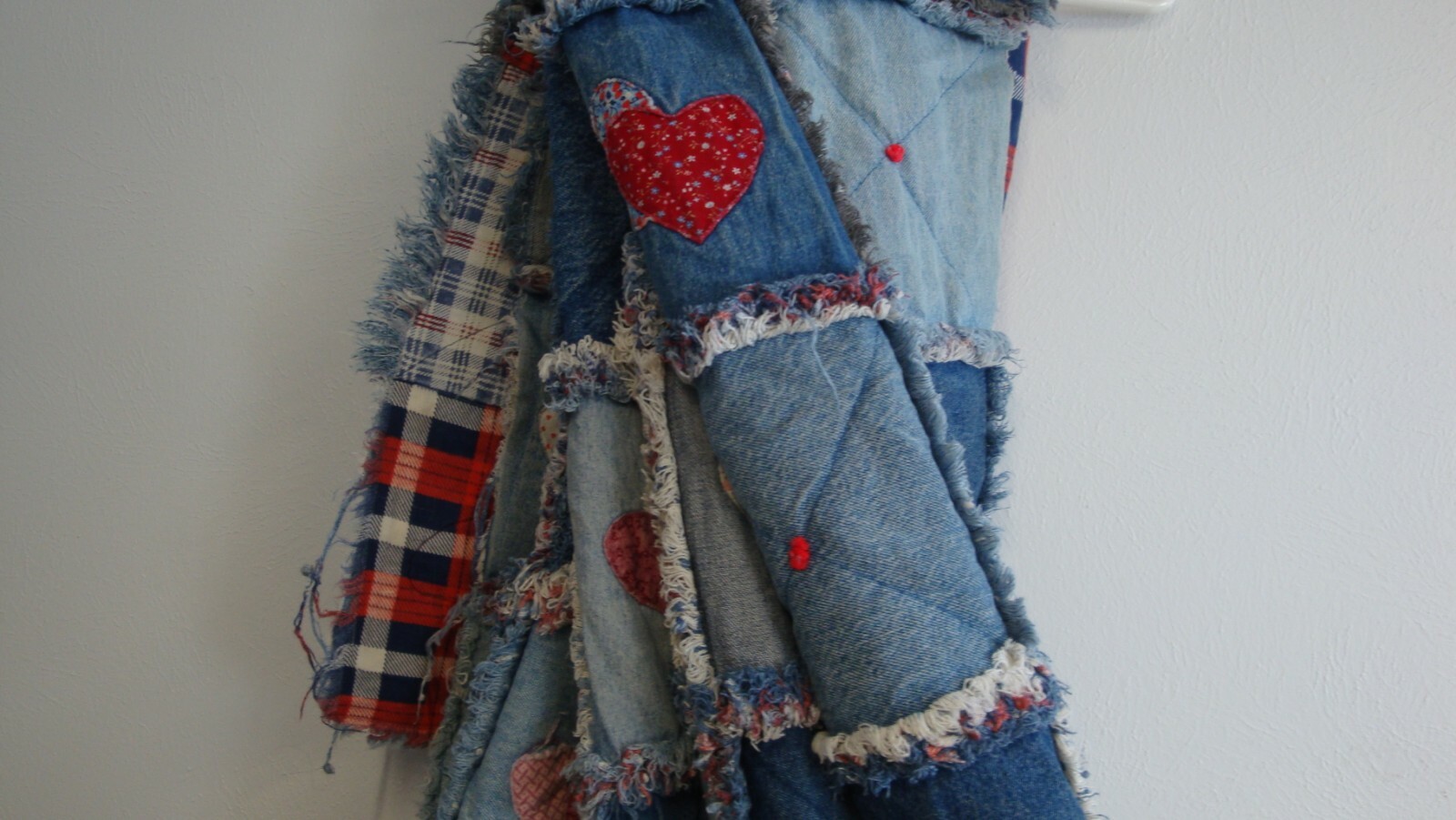Vintage Denim Flannel Quilt Rag Quilt Handmade Blanket Applique 90