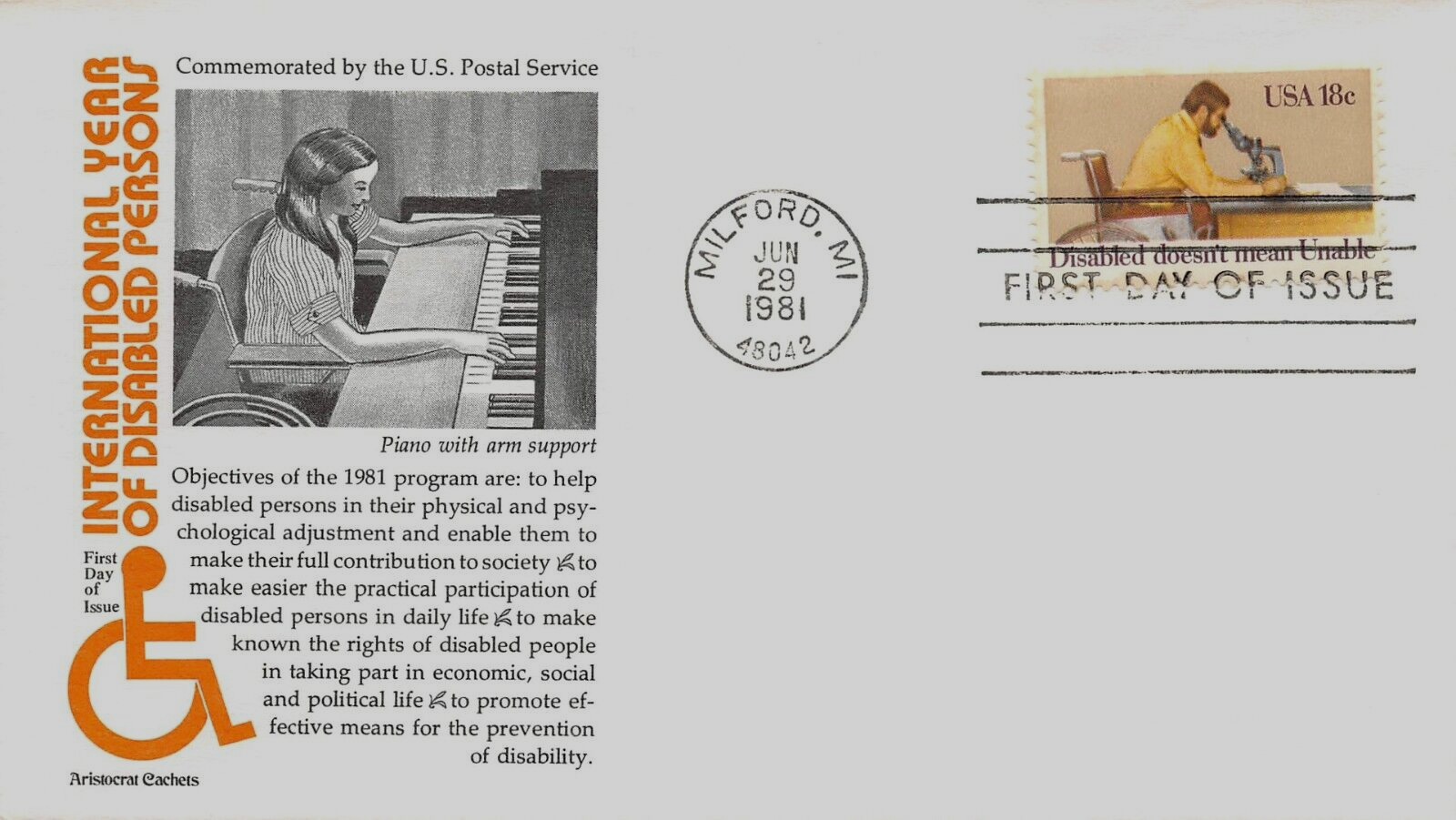 UKorgMONO盤　THE UNITED STATES OF AMERICA U.S. FIRST DAY COVER , DISABLED PERSONS. Scott # 1925