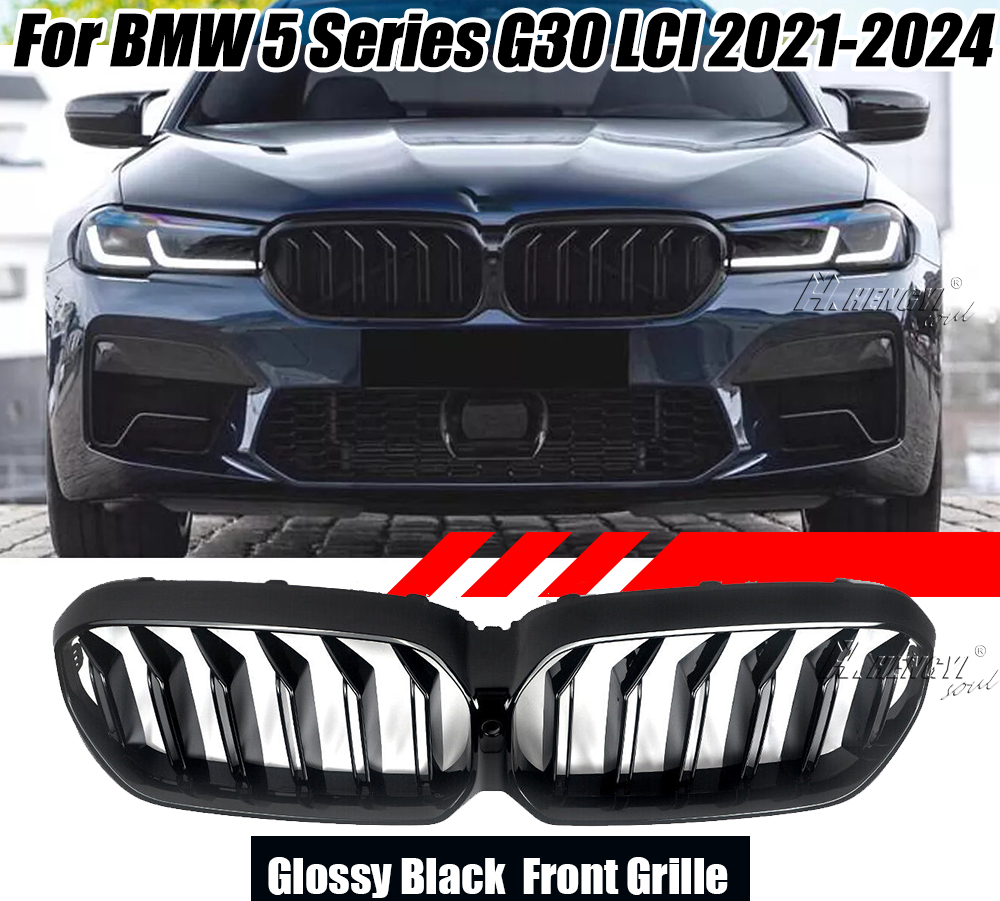 Gloss Black For 2021-2024 BMW G30 G31 530i 540i Dual Slats Front Kidney Grille