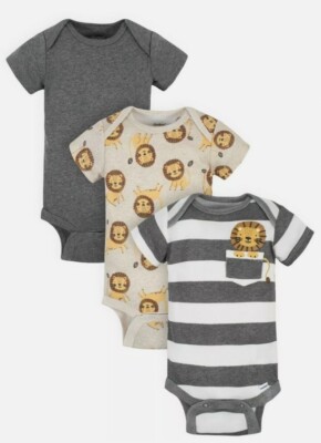 3-6M ~ Gerber Baby 3-Pc Lion Stripes Grey Organic Cotton One-Piece NWT