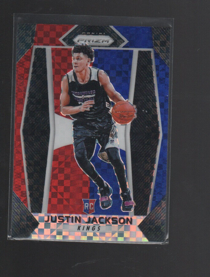 JUSTIN JACKSON 2017-18 PANINI PRIZM RED WHITE BLUE PRIZMS ROOKIE CARD #27. rookie card picture