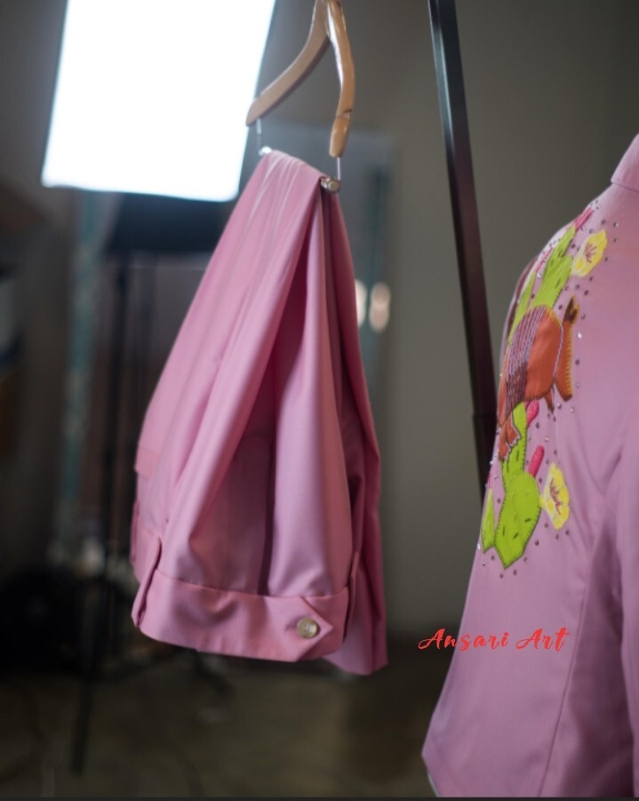 Pre-owned Art Men's 2 Piece Pink Country Western Embroidered Designer Blazer & Pant Suit Set