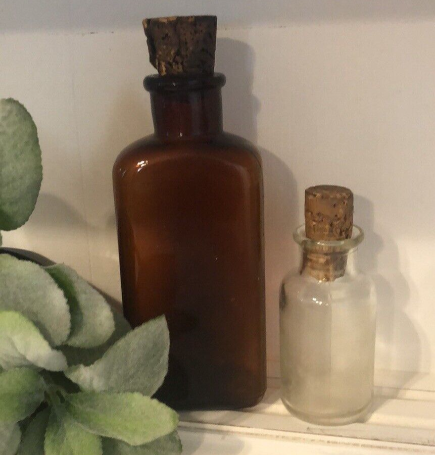 Antique Brown Glass NORWICH Pharmacy Medicine Apothecary Bottle & Clear Bottle