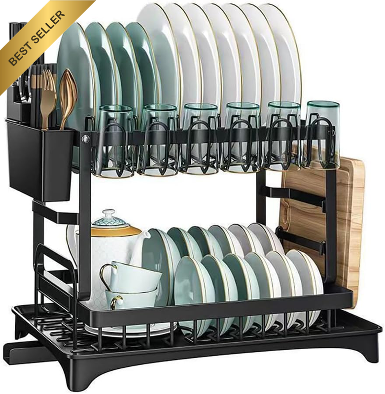 2-Tier Stainless Steel Dish Drying Rack with Drain Board, Large Kitchen Countert