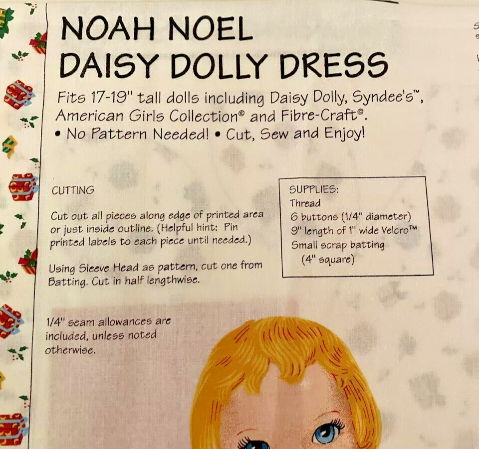 Daisy Kingdom Noah Noel Dolly Christmas Dress Panel fits 17"-19" AG Dolls #3229