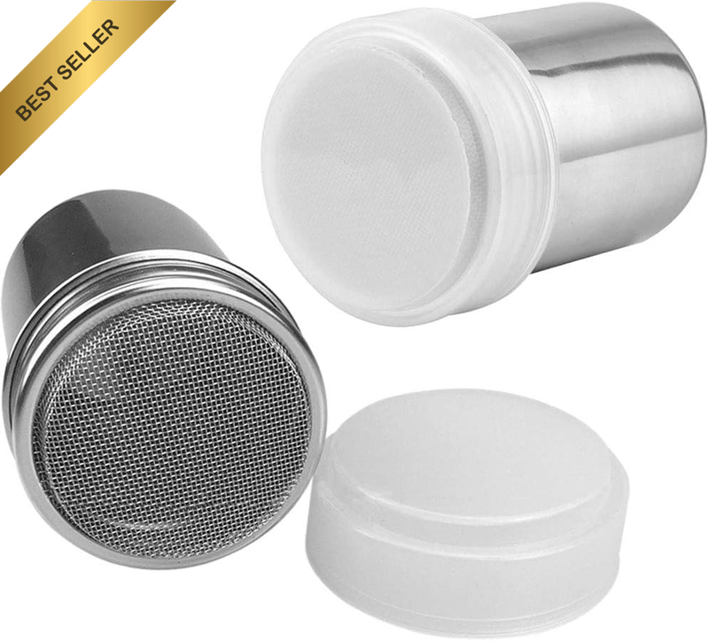 2 Pieces Powder Sugar Shaker with Lid - Stainless Steel Fine Mesh Shaker Cinnamo