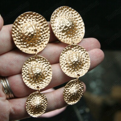 7.5cm long RETRO triple disc CLIP ON EARRINGS metal MATT GOLD FASHION textured