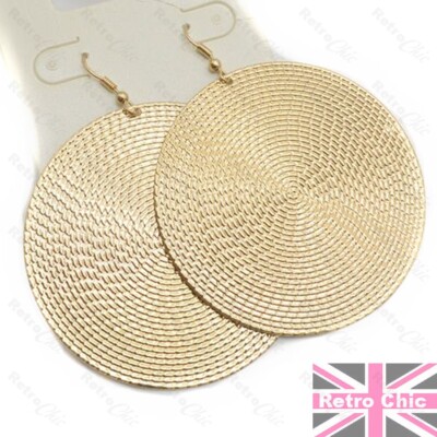 LARGE TEXTURED DISCS geometric EARRINGS weave GOLD FASHION boho woven pattern