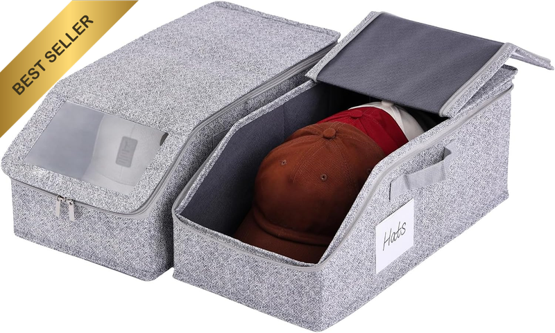 2PCS Hat Storage Box with Clear Window and Front Opening – Stackable Foldable Ha
