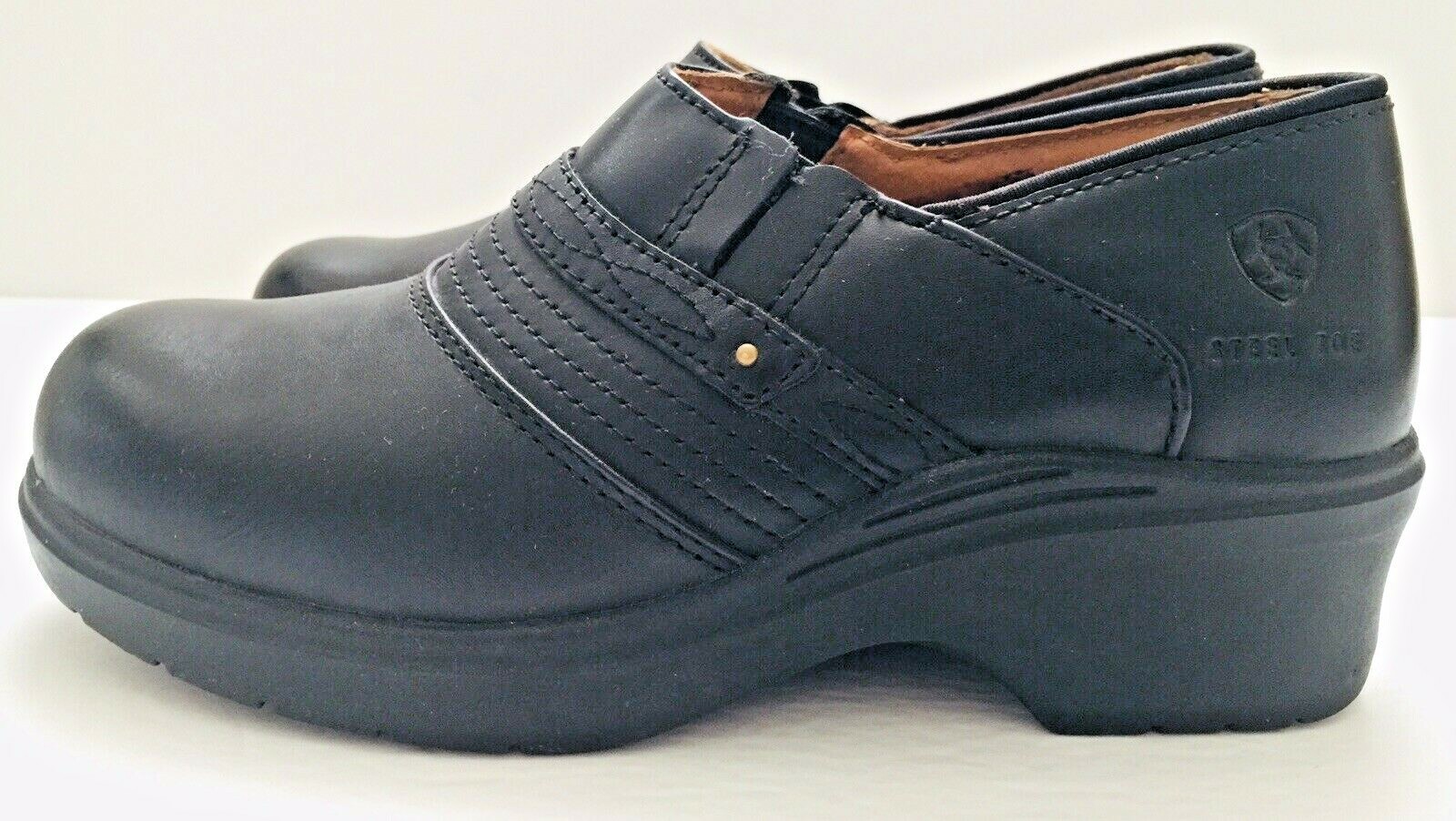 EUC ARIAT Women's 7B Black Leather Steel Toe Safety Clogs Slip On