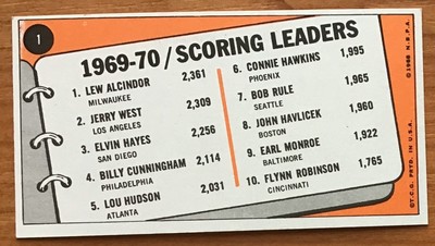 1970-71 TOPPS #1 NBA SCORING LEADERS (ALCINDOR/WEST/HAYES) NM