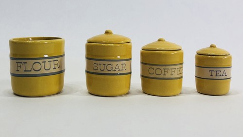 Rare  Miniature Kitchen Canister Set Flour Sugar Coffee Tea THT 199 4-Free SH