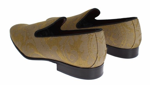 Pre-owned Dolce & Gabbana Dolce&gabbana Men Loafers Yellow Gold Silk Baroque Block Heels Slip On Shoes