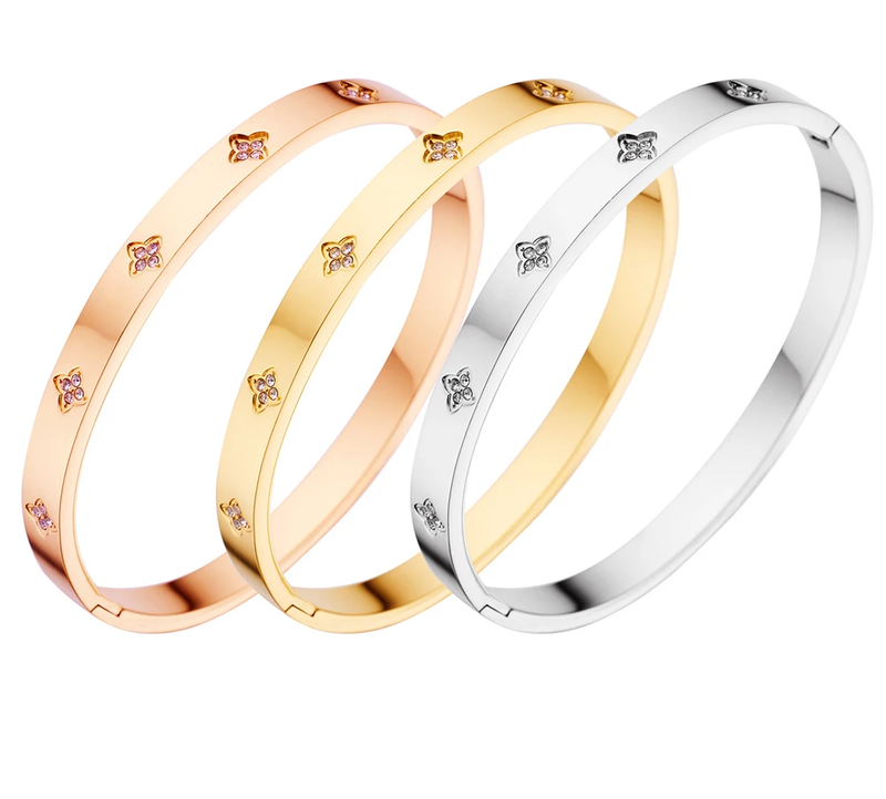 Lucky Four Leaf Grass Zircon Bracelets Luxury Design Rose Color Stainless Steel