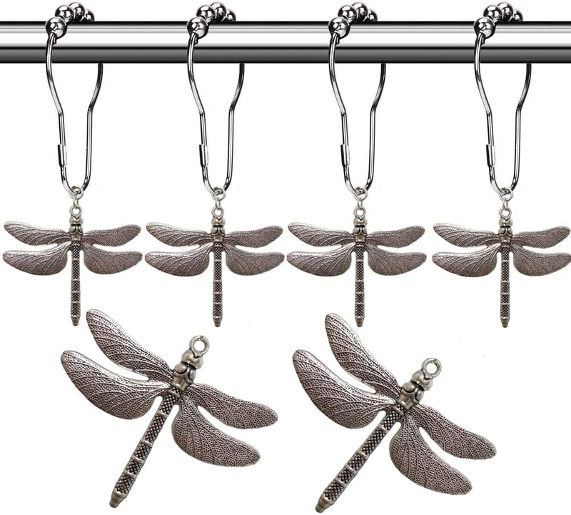 Dragonfly Bathroom Shower Curtain Hooks - Rust Proof Brushed Nickel Rings with D