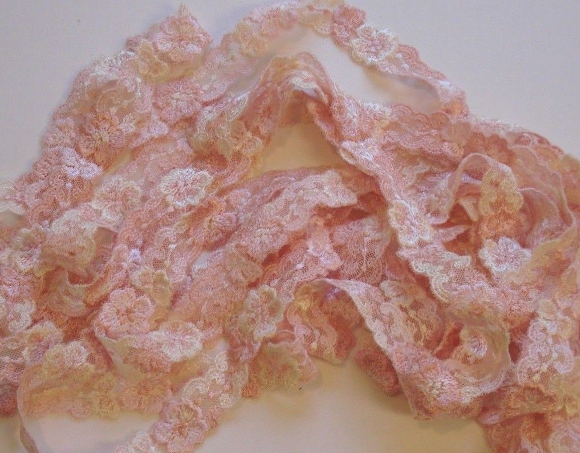 4 1/2 Yards Vintage Pale Pink Lace Ribbon Trim Embroidered Pink & White Flowers