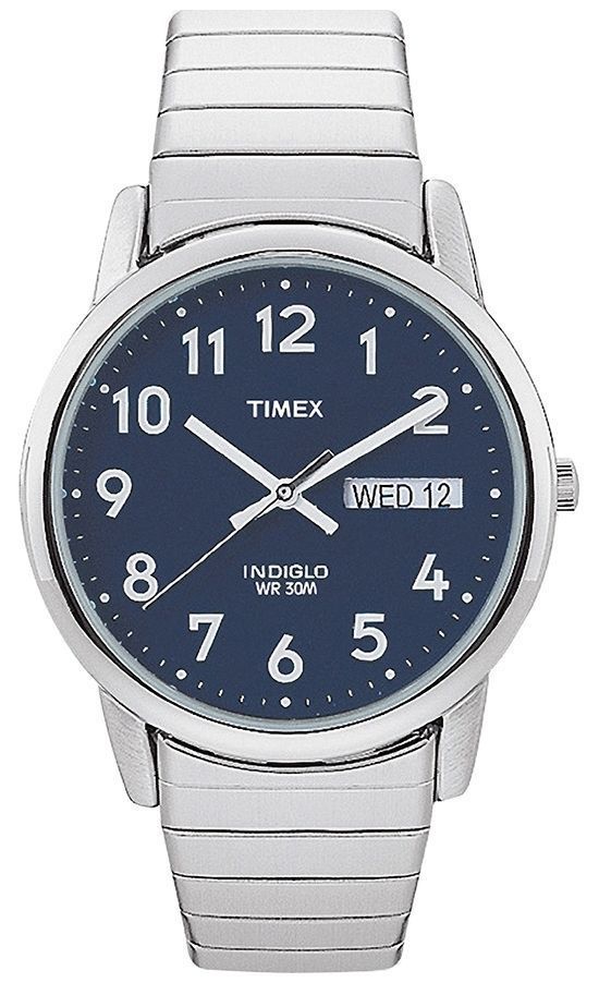 Timex T20031, Easy Reader, Mens, Silvertone Expansion, Indiglo, Day/Date