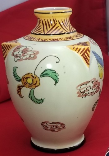 Vintage Unique Japanese Ceramic Vase Hand Painted Bird Scene Cherry Blossoms