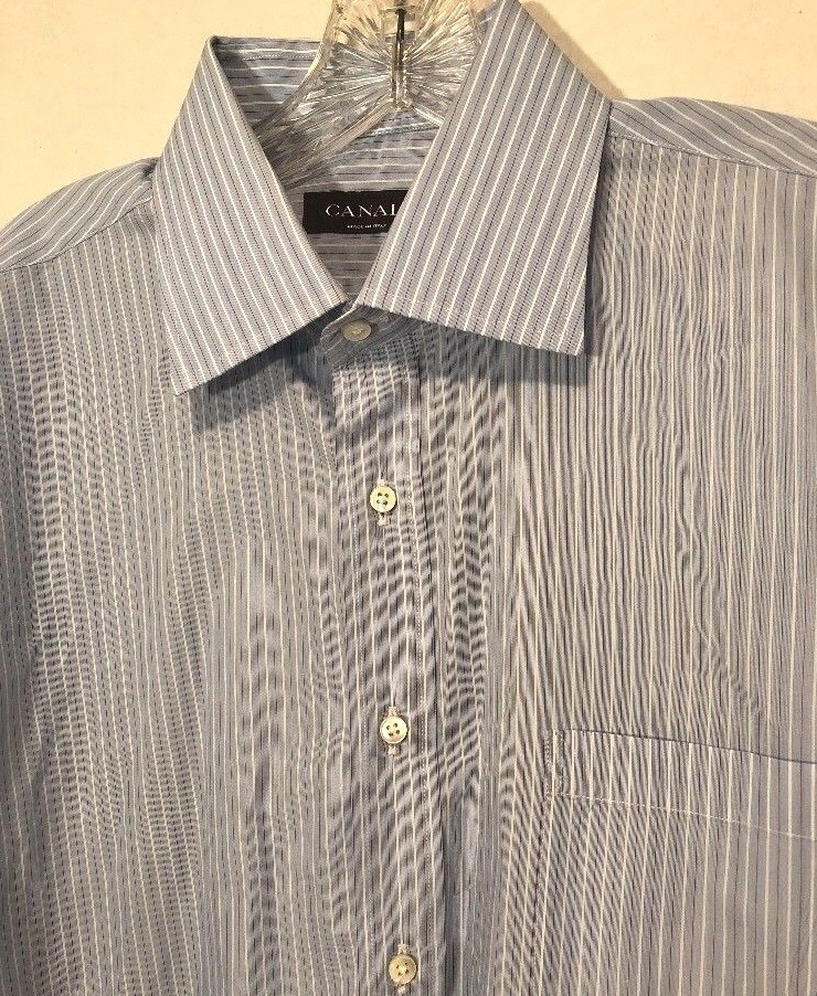 Canali LS Button Cotton Shirt Blue Red White Stripe Italy MSRP $246 Sz 17/43 EUC