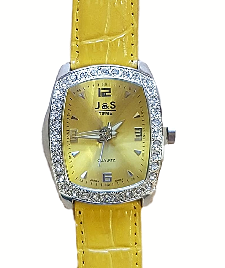 Orologio Cronotime J&S Pelle Giallo Vetro Prismatico Pietre Strass Quarzo Baf