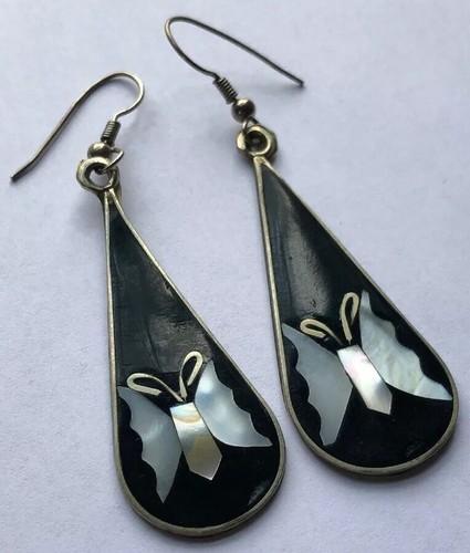 Vintage Alpaca Mexico Dangle Earrings Onyx And Mother Of Pearl MOP Butterflies
