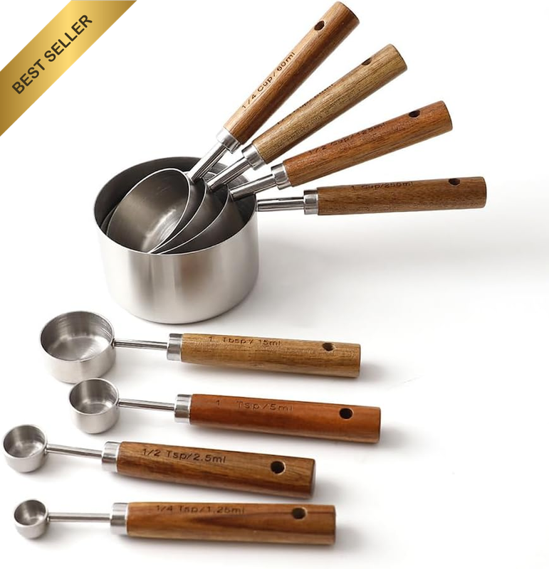 8-Piece Stainless Steel Measuring Cups & Spoons Set with Wooden Handles – Metric