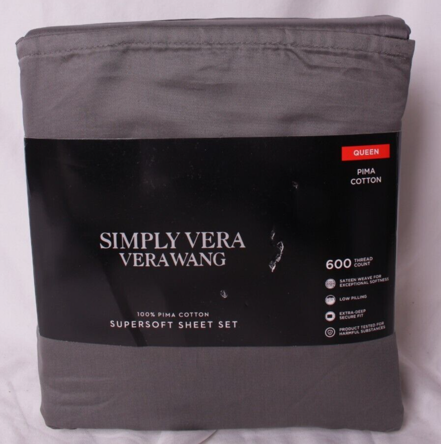 Simply Vera Vera Wang Supima Cotton 600TC Sheet Set, Dark Grey, Queen