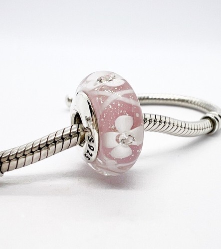 Murano Glass Charm Pink Flower Bead Floral Genuine 925 Sterling Silver 💖