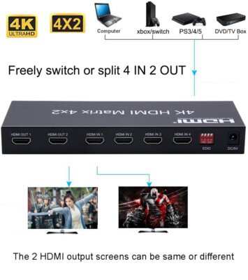 3D 4K 1080p EDID PC To TV HDMI Matrix 4x2 Switch Splitter Converter 4 In 2 Out