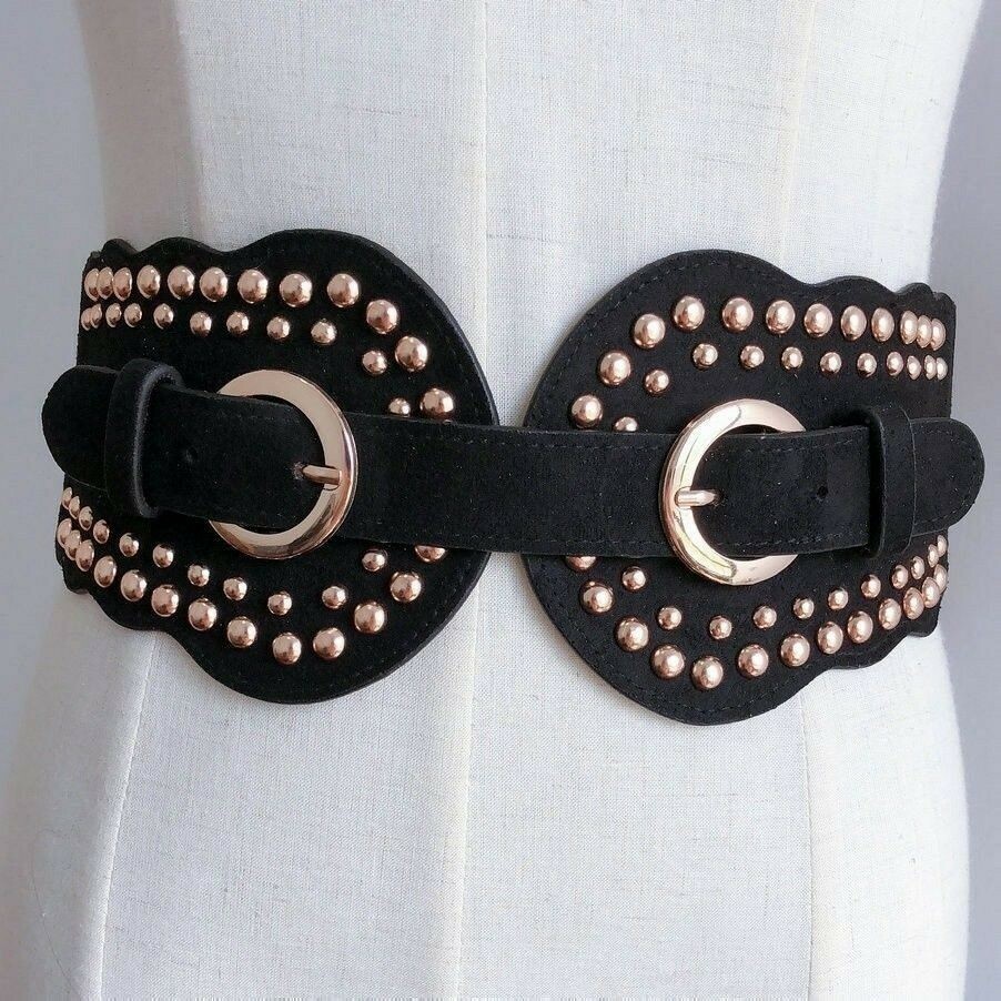 Women Faux Suede Rivet Belt Stretch Vintage Corset Studded Waistband Obi