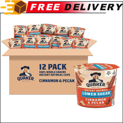 12pk Quaker Instant Oatmeal Express Cups 50% Less Sugar, Cinnamon Pecan, 1.41oz