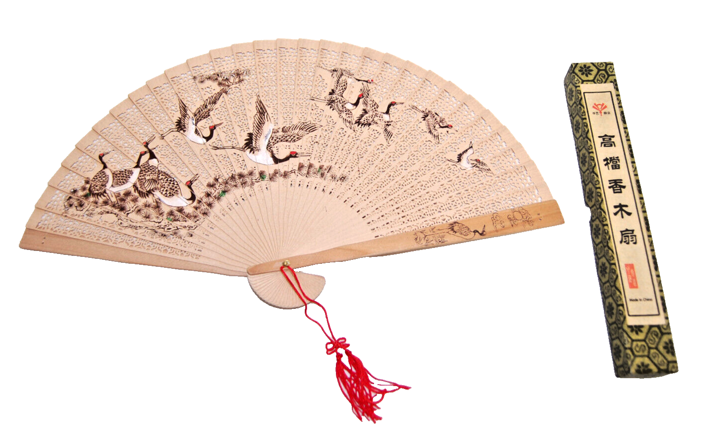 Chinese Wooden Hand Fan Hand-Painted & Carved Decorative with Box