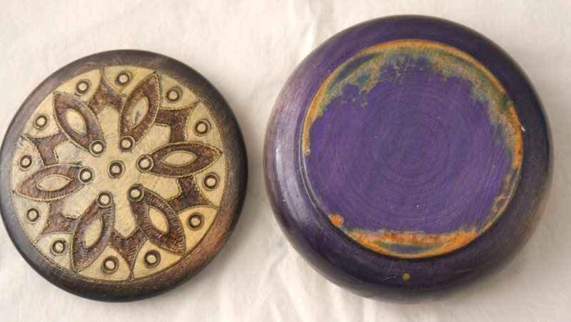 Polish or Romanian Turned Linden Wood Folk Art Trinket Box w Inlaid Brass Cover