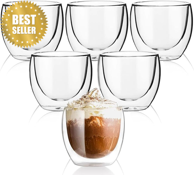 6 Pack Glass Coffee Mugs, 250ML Double Walled Insulated Thermal Mugs, Espresso C