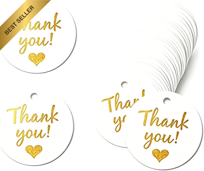 100 Pcs round Thank You Tags, White with Gold Foil Print, for Christmas, Wedding