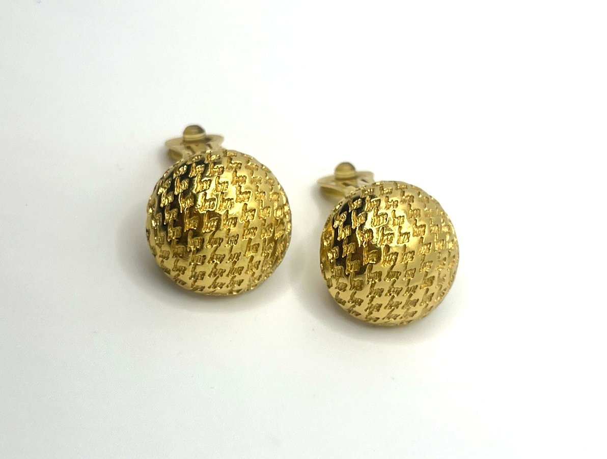 Vintage Christian Dior Signed Gold Tone Round Domed Textured Clip On Earring