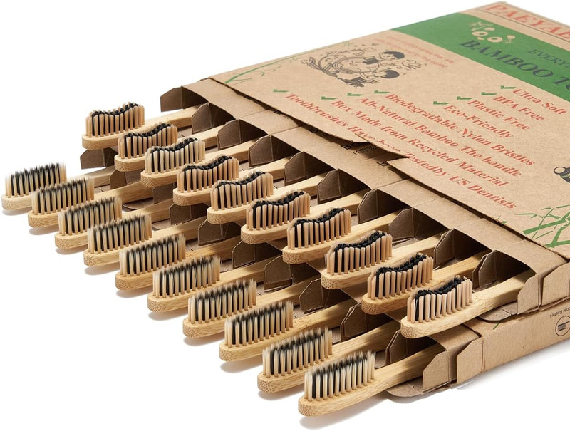 Bamboo Toothbrushes 10 Pack Biodegradable Soft Medium Charcoal Bristles