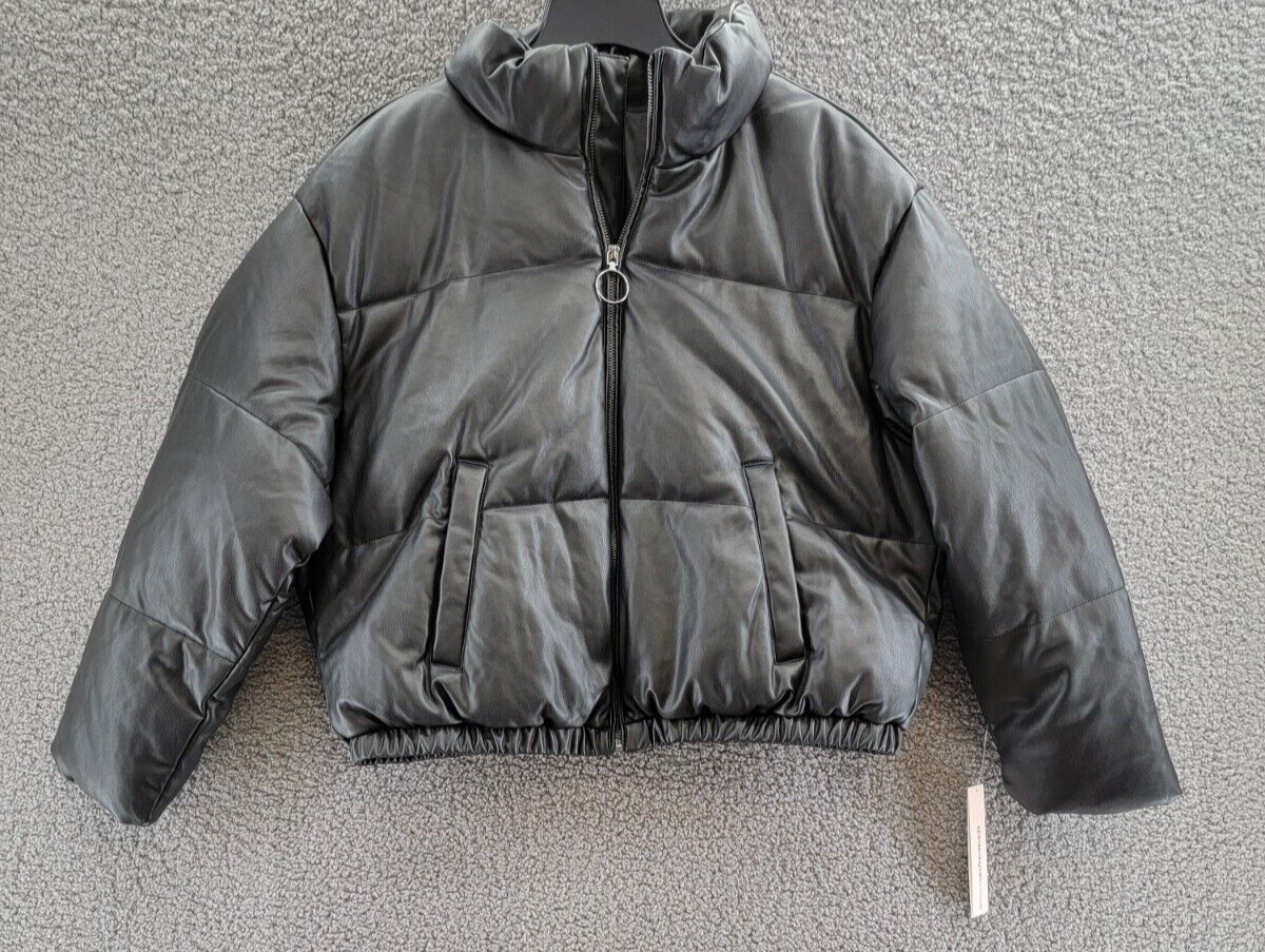 AQUA Faux Leather Full Zip Puffer Jacket Women's XL Black Solid Side Pockets L/S - Picture 2 of 16