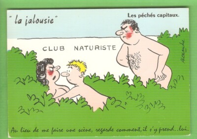 ALEXANDRE  carte postale Humour NUDISTES  La Jalousie 7péchés/cp  années 1970/90