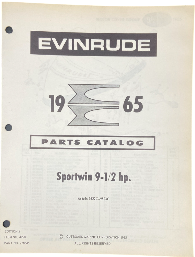 1965 Evinrude Outboard Parts Catalog Sportwin 9 1/2 HP Item No. 4228 278646