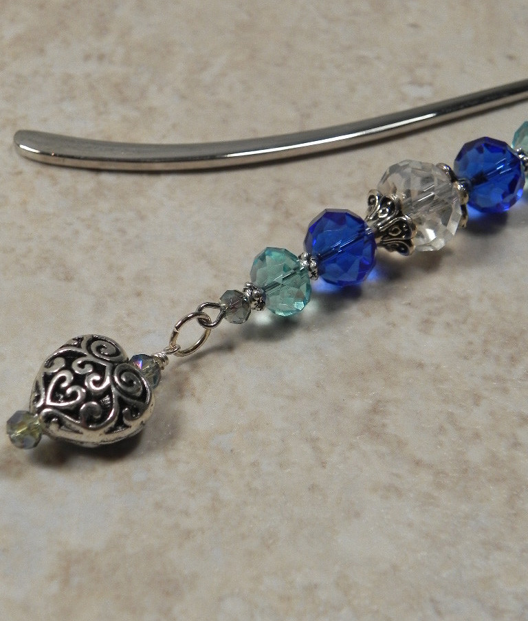 Heart Mini Bookmark Handmade Beaded Crystal Silver 4.5