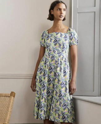 Boden Multi Lemon Foliage Square Neck Tiered Dress Size 8