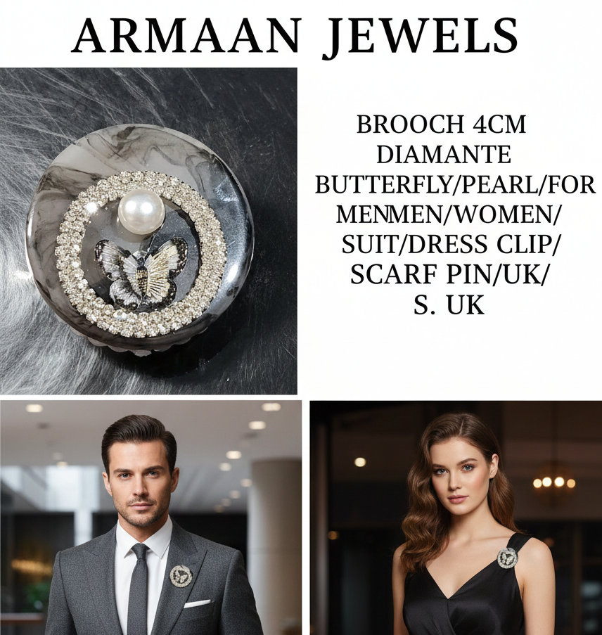 BROOCH 4CM Diamante Butterfly/pearl clip For MEN/WOMEN/SUIT/Scarf pin/UK/S